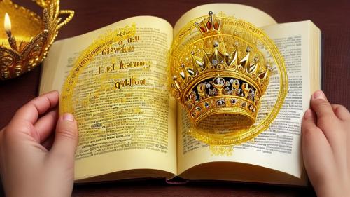 create a queen putting on a golden dress and a golden crown reading a book titled wisdom for queens with a bright light shining over her