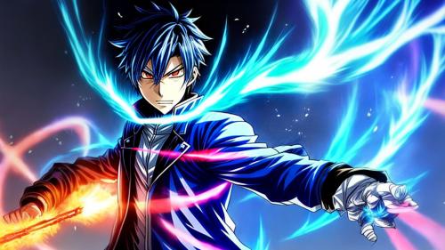 A anime guy with blue fire powers