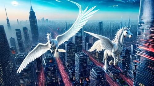 A white pegasus flying through a futuristic city