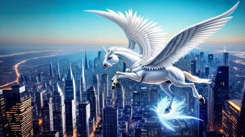 A white pegasus flying through a futuristic city