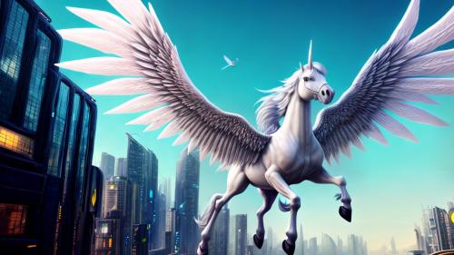 A white pegasus flying through a futuristic city