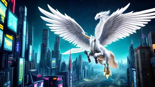 A white pegasus flying through a futuristic city