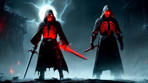 a skeleton covered in a black robe with glowing red eyes and a large sword over his shoulder that is covered in blood