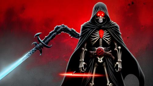 a skeleton covered in a black robe with glowing red eyes and a large sword over his shoulder that is covered in blood