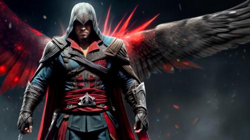 A strong avatar, Assassin’s Creed Valhalla from the chest up and looking straight ahead, with his cape on against a black background. The colors of the clothing are a combination of red and yellow, and the background is a combination of black and red with a hawk behind it.