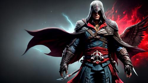 A strong avatar, Assassin’s Creed Valhalla from the chest up and looking straight ahead, with his cape on against a black background. The colors of the clothing are a combination of red and yellow, and the background is a combination of black and red with a hawk behind it.