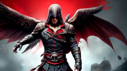 A strong avatar, Assassin’s Creed Valhalla from the chest up and looking straight ahead, with his cape on against a black background. The colors of the clothing are a combination of red and yellow, and the background is a combination of black and red with a hawk behind it.