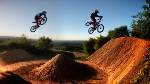 mountain bike stunting on dirt jumps in the sunset