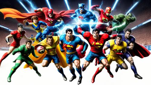 I would like a working image with an action into it make it have super heroes football stars and cartoon characters