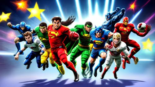 I would like a working image with an action into it make it have super heroes football stars and cartoon characters