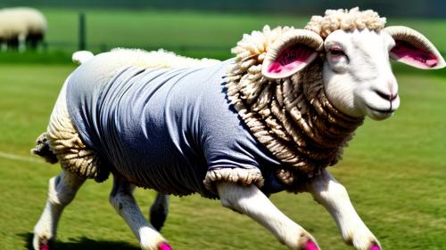 A sheep wearing a T-shirt is happy and running