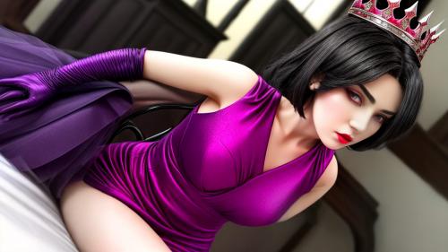 Dark haired queen with sharp pointed crown, Dark Purple and red dress, Sexy seduction, eye cemetry