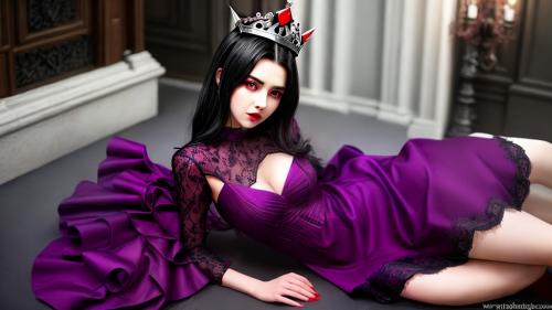 Dark haired queen with sharp pointed crown, Dark Purple and red dress, Sexy seduction, eye cemetry