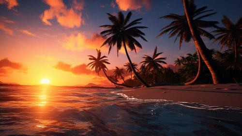 Amazing sunset in a beach with palm trees. Ultrarealistic, 4k.