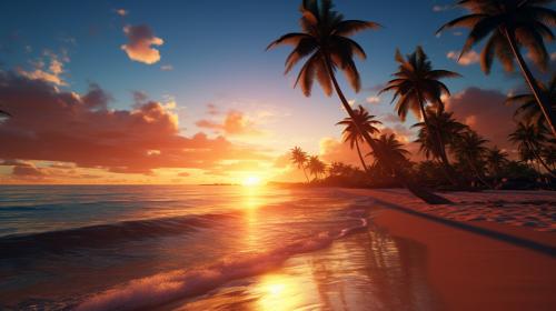 Amazing sunset in a beach with palm trees. Ultrarealistic, 4k.