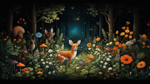 Forest with animals and flowers