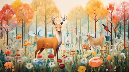 Forest with animals and flowers