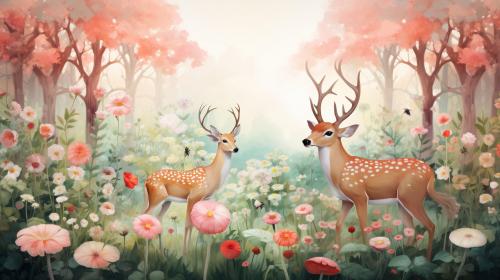 Forest with animals and flowers