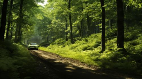 rally car going through lush green forest