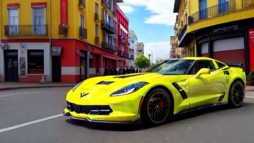 un Corvette C2 con estilo neón y una vista frontal diagonal en una ciudad