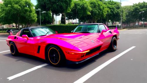 un Corvette C2 con estilo neón y una vista frontal diagonal en una ciudad