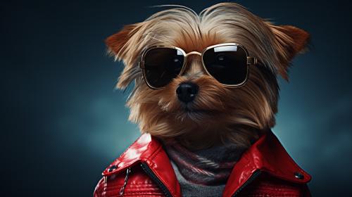 Yorkie in sunglasses and red jacket.