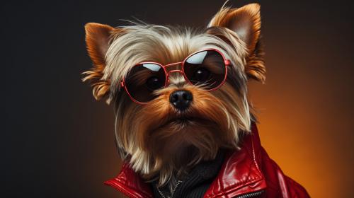 Yorkie in sunglasses and red jacket.