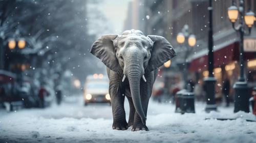 cute gray elephant in the middle of the street under the snow, with snowflakes