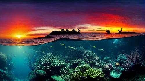 Strange Animals in the Deep See in a Sunset Panorama