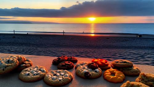 Cookies on the beach enjoying the sunset as a panorama