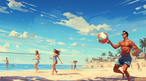 Beach guys and girls in swim suit playing volleyball.