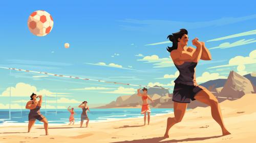 Beach guys and girls in swim suit playing volleyball.