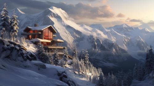 A big house with a boundaries and trees on a snowy mountain slope