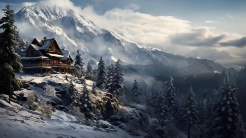 A big house with a boundaries and trees on a snowy mountain slope