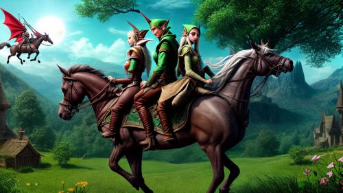 elves sit on flying horses and circle the earth