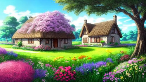 Cottage in the country with beautiful flowers all around it in anime art style