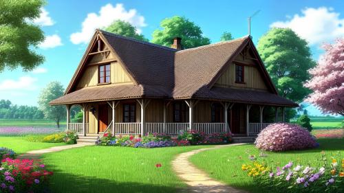 Cottage in the country with beautiful flowers all around it in anime art style