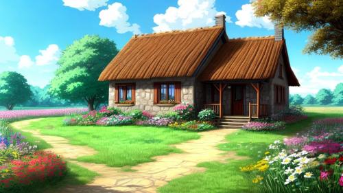 Cottage in the country with beautiful flowers all around it in anime art style