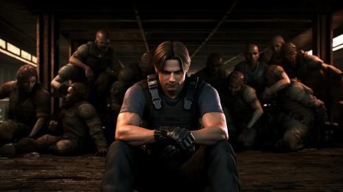 Leon scott kennedy sitting with many womens behind him