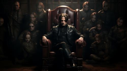 Leon scott kennedy sitting with many womens behind him