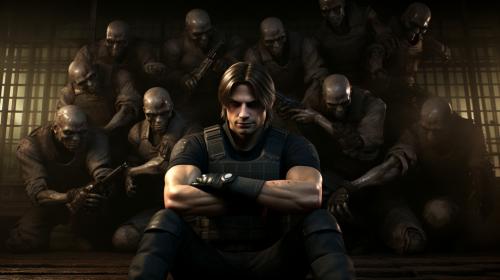 Leon scott kennedy sitting with many womens behind him