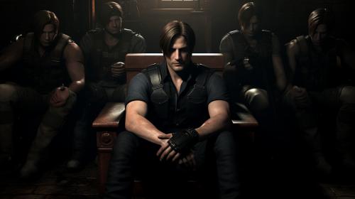 Leon scott kennedy sitting with many womens behind him