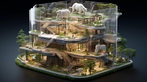 hexagonal house in paradise with balcony around each floor , three floor building all glass, near a cascading waterfall. with real elephants and lions and white tiger and horses.