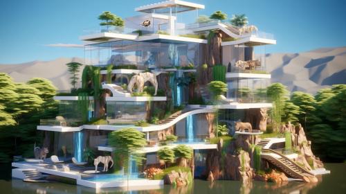 hexagonal house in paradise with balcony around each floor , three floor building all glass, near a cascading waterfall. with real elephants and lions and white tiger and horses.