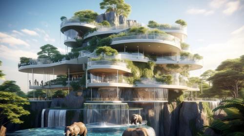 hexagonal house in paradise with balcony around each floor , three floor building all glass, near a cascading waterfall. with real elephants and lions and white tiger and horses.