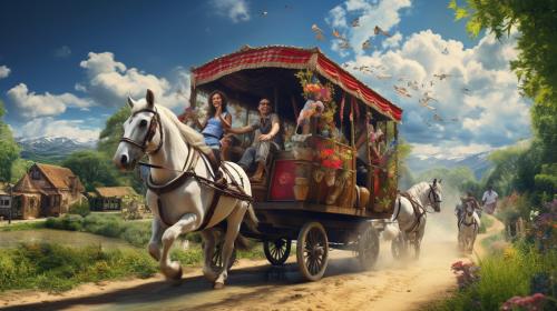 traditional gypsy caravan being driven by a man wearing a checkered shirt and tie, looking smart, paradise with beautiful happy people living in peace.