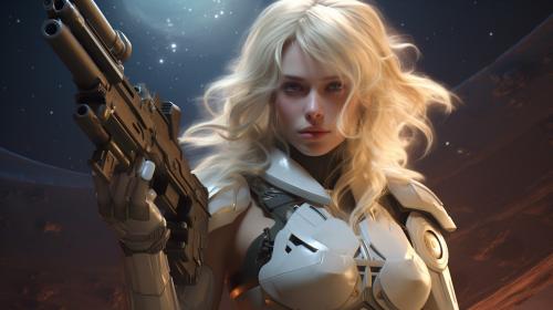 Blonde female space cowgirl,4k,sword and pistol,