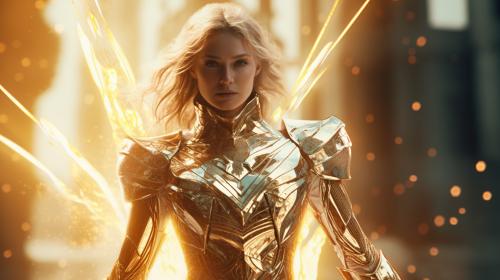 Female space warrior,golden energy,white armor,holding a sword,spaceship in the background,4k UHD,walking through golden fire