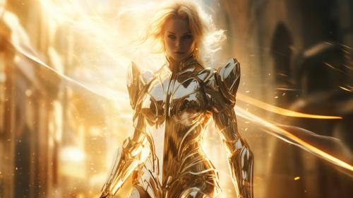 Female space warrior,golden energy,white armor,holding a sword,spaceship in the background,4k UHD,walking through golden fire