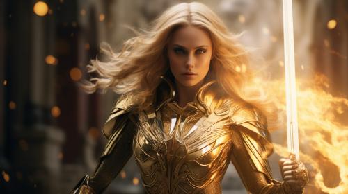 Female space warrior,golden energy,white armor,holding a sword,spaceship in the background,4k UHD,walking through golden fire